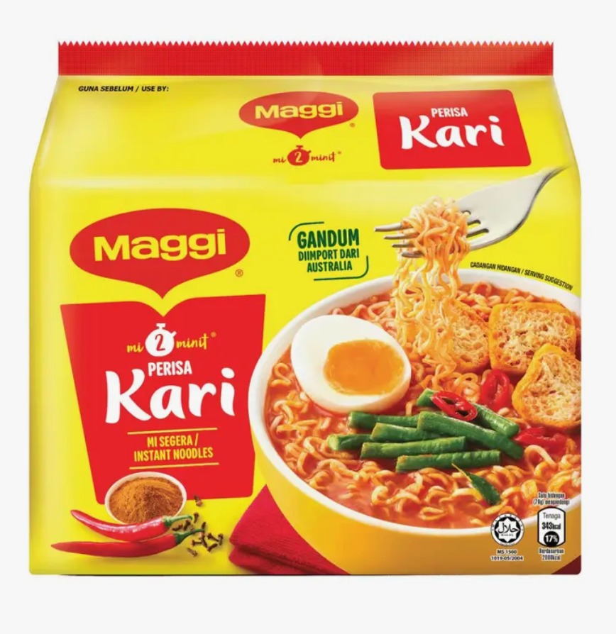 Maggi Kari instant noodles five-pack in yellow packaging