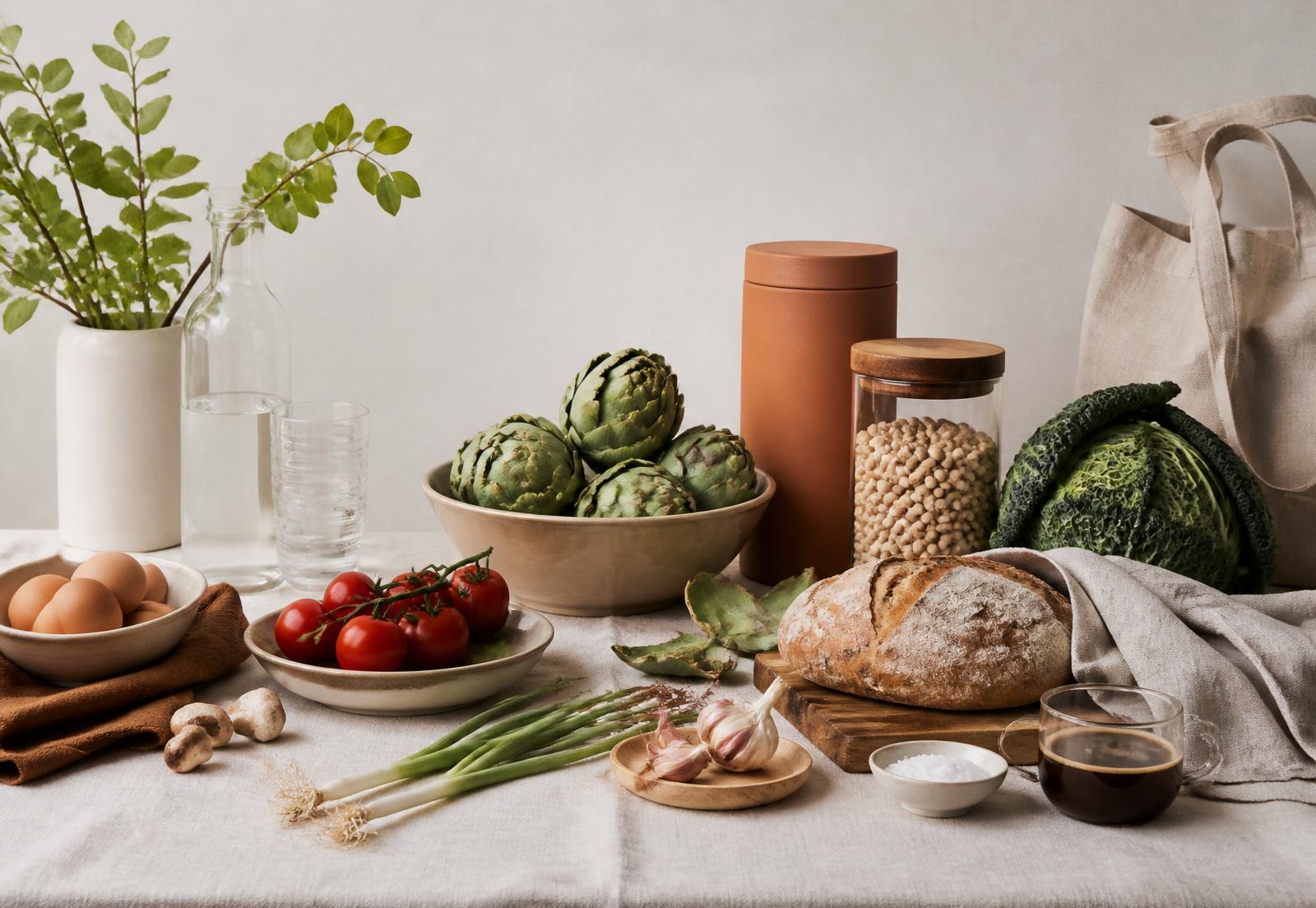 Fresh groceries, bread, eggs and pantry staples arranged on a linen table
