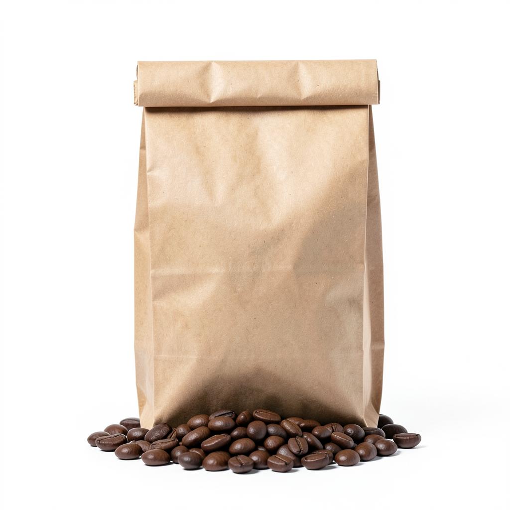 Kraft paper bag of dark roasted coffee beans