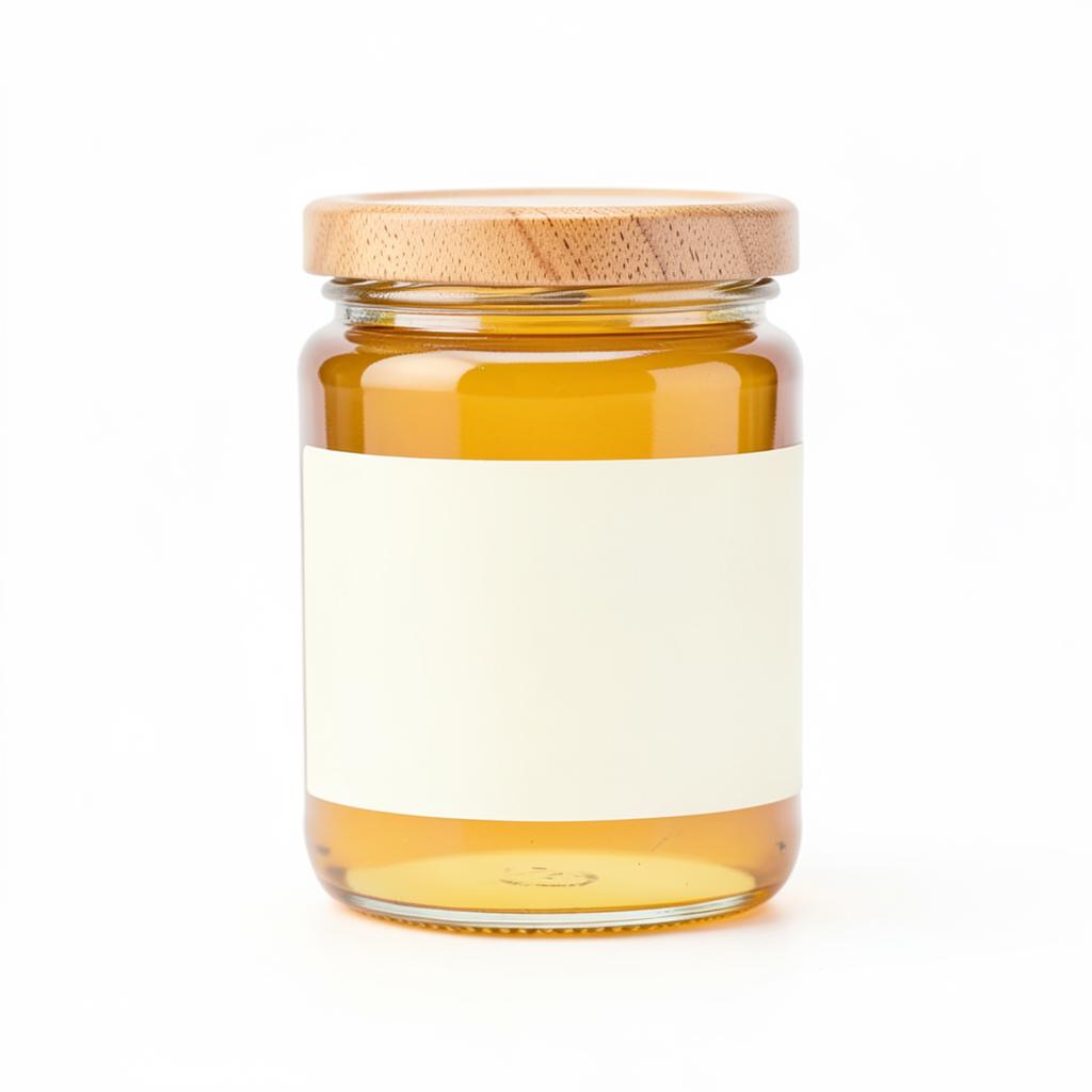Glass jar of raw wildflower honey with wooden lid